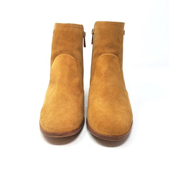 Tory Burch Sabe Heeled Ankle Booties Suede Leather Tan Gold Logo Size US 7 - Picture 3 of 9
